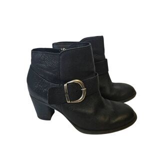 Born black leather ankle boots, heeled, buckle strap. Size 8